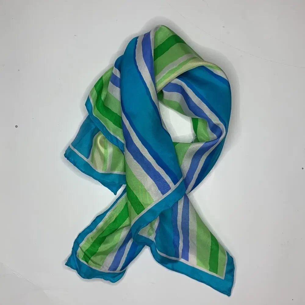 Basha 100% Silk Green Blue White Stripe Vintage Scarf W-108